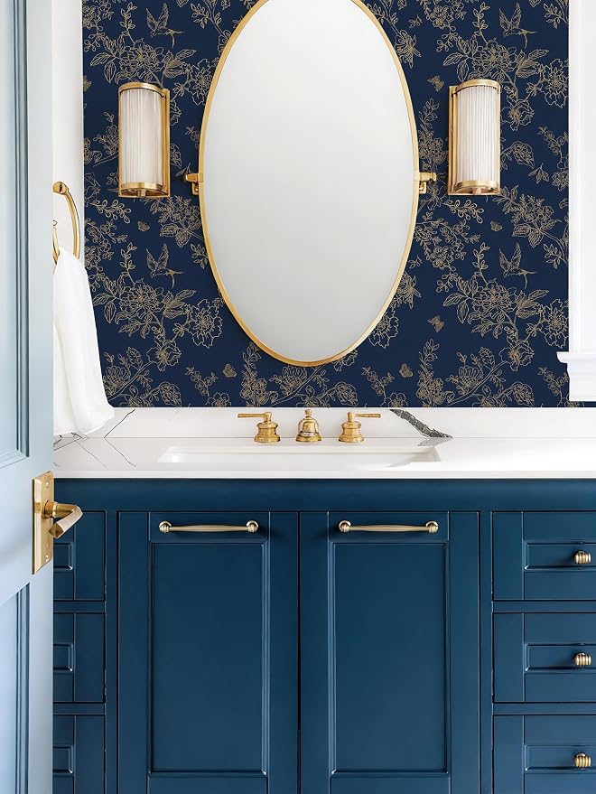 Froluya Dark Blue Peel and Stick Wallpaper Vintage Floral 17.7in×590.5in | Navy Blue and Gold Floral Self Adhesive Wall Paper Dark Birds Removable Decorative Contact Paper for Bathroom Cabinets Vinyl