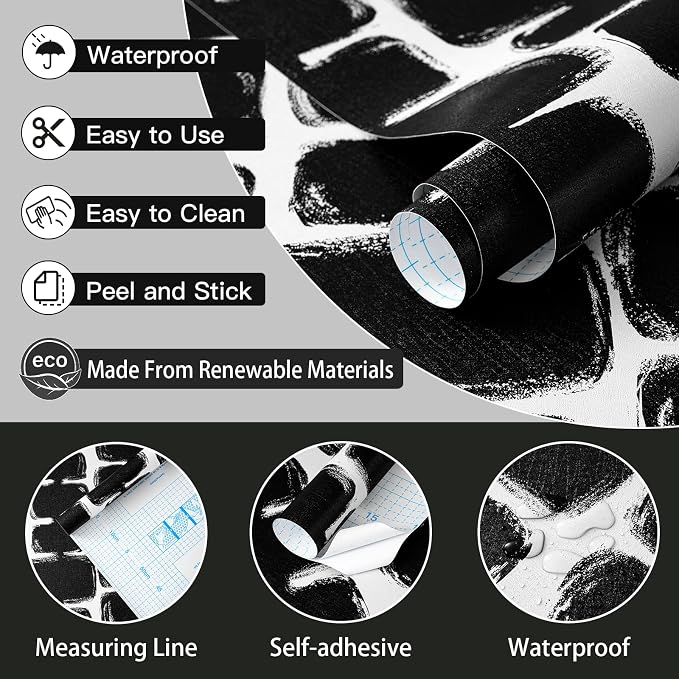 Safiyya 17.3"x393" Peel and Stick Wallpaper Black and White Contact Paper Mid Century Modern Abstract Geometric Wall Paper Self Adhesive Removable Wallpaper for Bathroom and Bedroom Vinyl