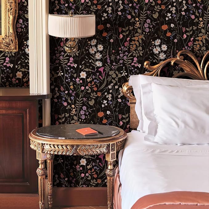 JiffDiff Floral Wallpaper Peel and Stick- 1181" x 17.3" Farm Wildwood Self Adhesive Wall Paper Daisy Flower Contact Paper Dark Floral Stick On Wallpaper
