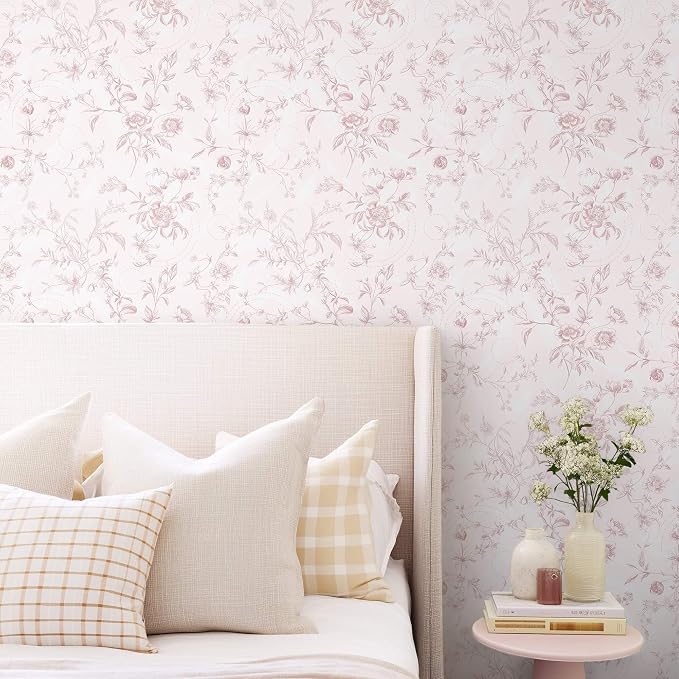 Ismoon Floral Wallpaper Peel and Stick Pink Stick on Wall Paper Vintage French Contact Paper for Cabinet Textured Removable Self Adhesive Wallpaper Vinyl Roll Shelf Deco, 17.3x393in