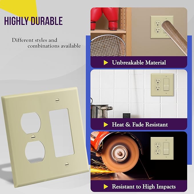 ENERLITES Combination Duplex Receptacle Outlet/Decorator Rocker Light Switch Wall Plate Cover, Midway Size 2-Gang 4.88" x 4.92", Polycarbonate Thermoplastic, UL Listed, 882131M-I, Ivory