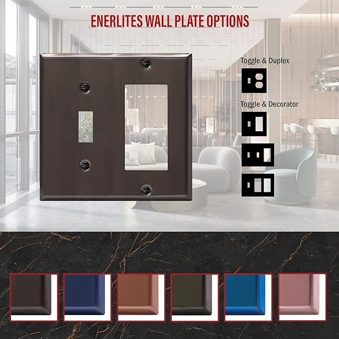 ENERLITES Combination Toggle Switch and Decorator Receptacle Metal Wall Plate, Corrosion-Resistant, Stainless Steel 201, Standard Size 2-Gang 4.50" x 4.57", UL Listed, 771131-BBK, Brushed Black