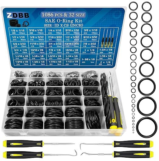 ZDBB 1086 Pcs SAE Standard O Ring Kit Nitrile Rubber O-Rings Assortment with O‘Ring Pick for Hydraulic Automotive Plumbing Faucet Seal Repair 32 Size Inch ID:1/8”-2”