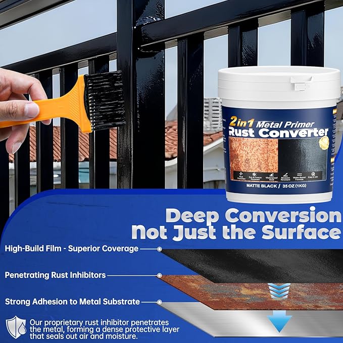 2-in-1 Rust Converter & Metal Primer - 35 oz Black Rust Inhibitor Paint for Metal Protection, Long-lasting Anti-Rust Coating for Automotive, Iron Fence, Garage Door, Outdoor Furniture