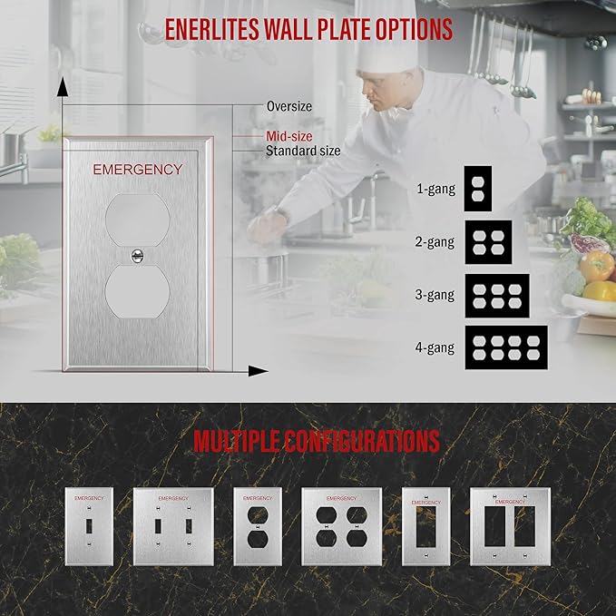 ENERLITES Duplex Receptacle Metal Wall Plate with Emergency Label, Stainless Steel Outlet Cover, Corrosion Resistant, Mid-Size 1-Gang 4.88" x 3.11", 430 Stainless Steel, 7721M-E, Silver