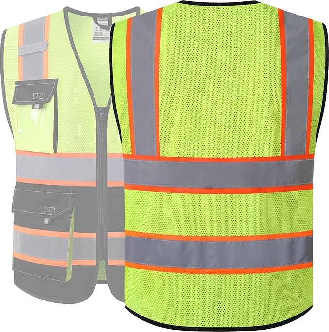 JKSafety Hi Vis Reflective Safety Vests for Men Women High Visibility Vest with Pockets Mesh Fabric Construction Safety Apparel Neon Vest for Work (220-YBlack XXL)