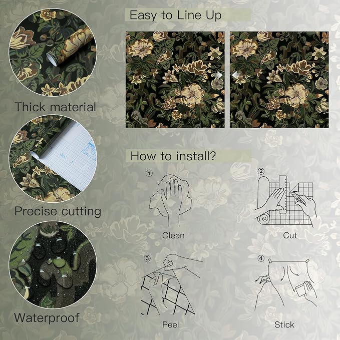 Dimoon 17.3"x393" Dark Wallpaper Peel and Stick Moody Vintage Victorian Floral Contact Paper Green Gothic Wallpaper for Bedroom Flower Leaf Yellow Renter Friendly Wall Paper Removable Vinyl Roll