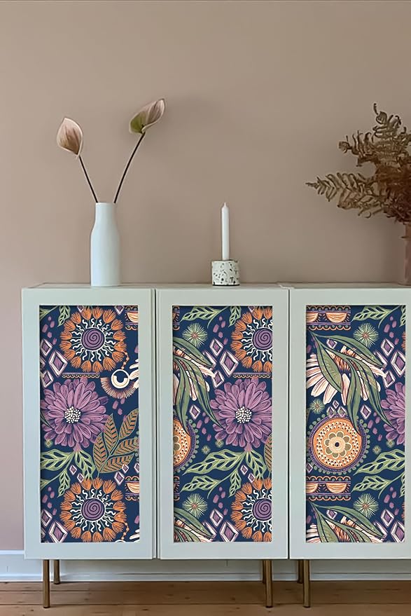 HAOKHOME Peel and Stick Wallpaper Boho Navy Purple Terracotta Retro Floral | Renter Friendly Removable Textured Vintage Moody Botanical Wall Paper for Bathroom Bedroom Accent Wall Decor 17.3in x 9.8ft