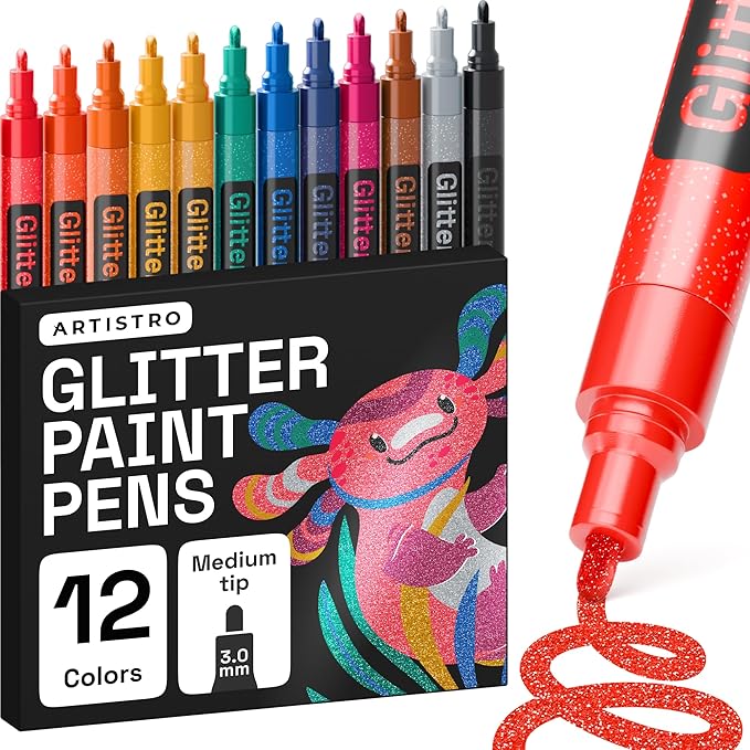 ARTISTRO 12 Glitter Paint Pens for Glass Marking, Rock Painting, Ceramic, Wood, Fabric, Scrapbooking, DIY Craft Making, Coloring - Acrylic Paint Markers Medium Tip 3mm