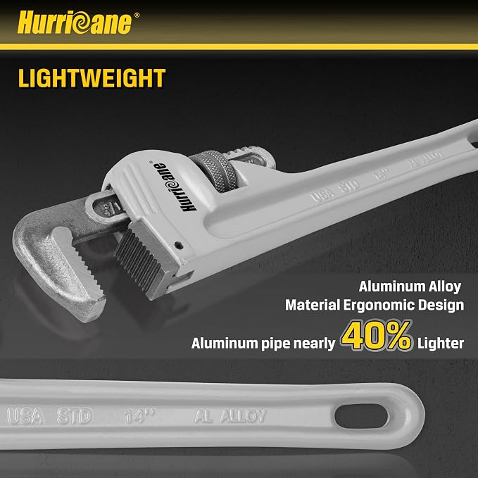 HURRICANE 14-Inch Aluminum Pipe Wrench,Heavy Duty Adjustable Plumbing Wrench,Straight Handle Plumbers Tool,40% Lighter Weight