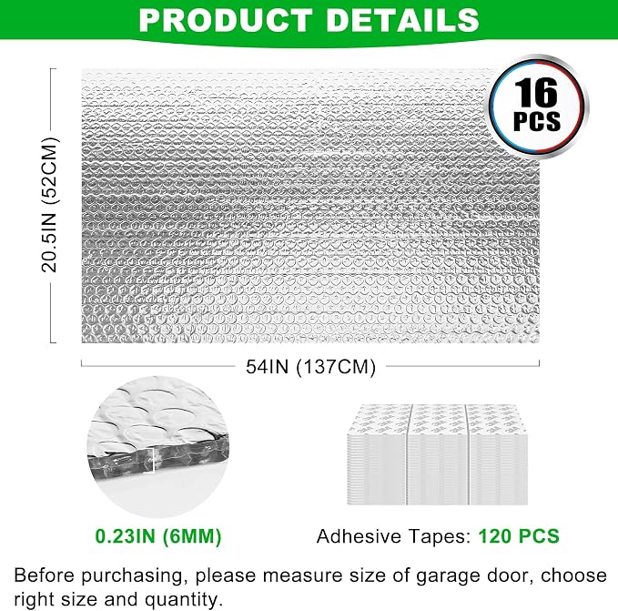 16P Garage Door Insulation Kit Panels 6MM 18x6.8FT for Double Garage Door, Pre-Cut Bubble Reflective Aluminum Foil 120 Tape, DIY Install Temperature Control Block Summer Heat & Winter Cold (20.5x54)