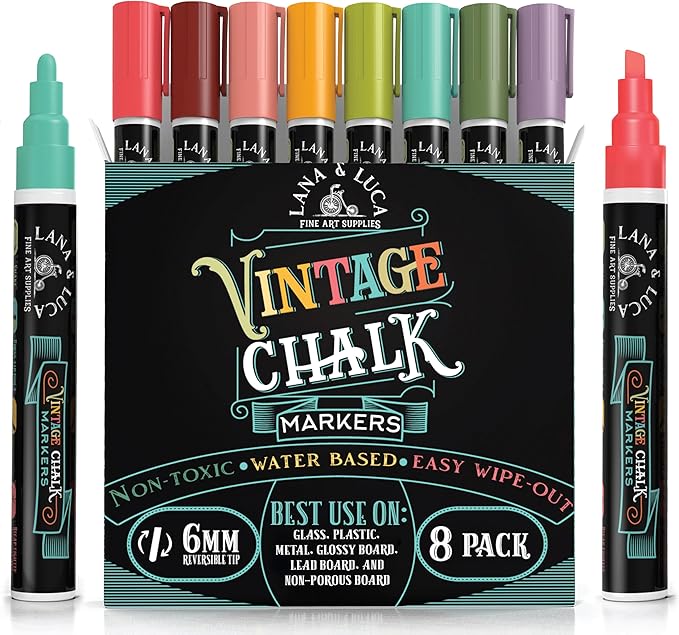 LANA & LUCA Liquid Chalk Markers for Blackboards - Wet Erase Marker Pens - Chalk Markers for Chalkboards Signs, Windows, Blackboard, Glass - 6mm Reversible Tip (8 Pack) - Vintage Colors Multicolor