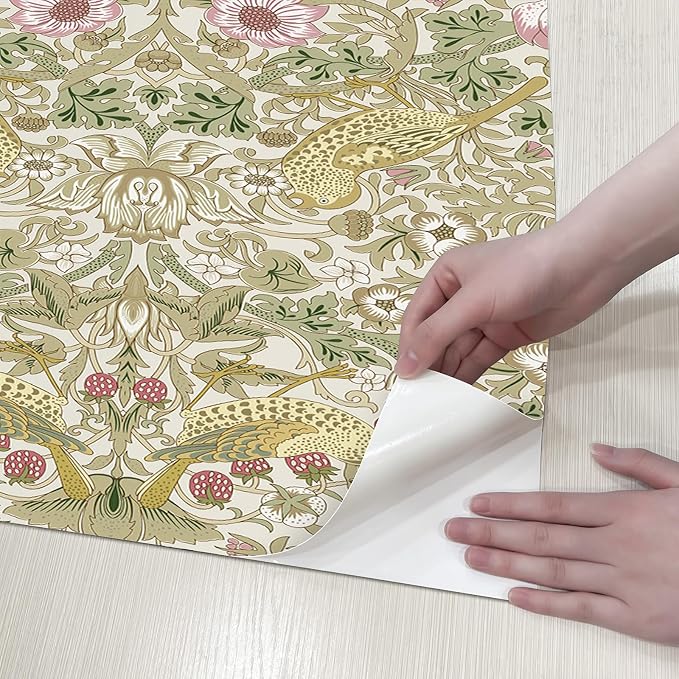 HueBurst William Morris Vintage Peel and Stick Wallpaper 17.7 x 1200in Strawberry/Bird Botanical Self Adhesive Removable Waterproof Contact Paper for Living Room Bedroom Cabinets Drawers Decor