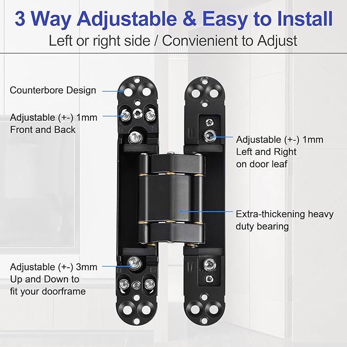 2Kits 6 inch Stainless Steel Hidden Door Hinges -Invisible Hinges for Doors, 180 Degree Swing Concealed Door Hinges, 3 Way Adjustable for Heavy Duty (Black