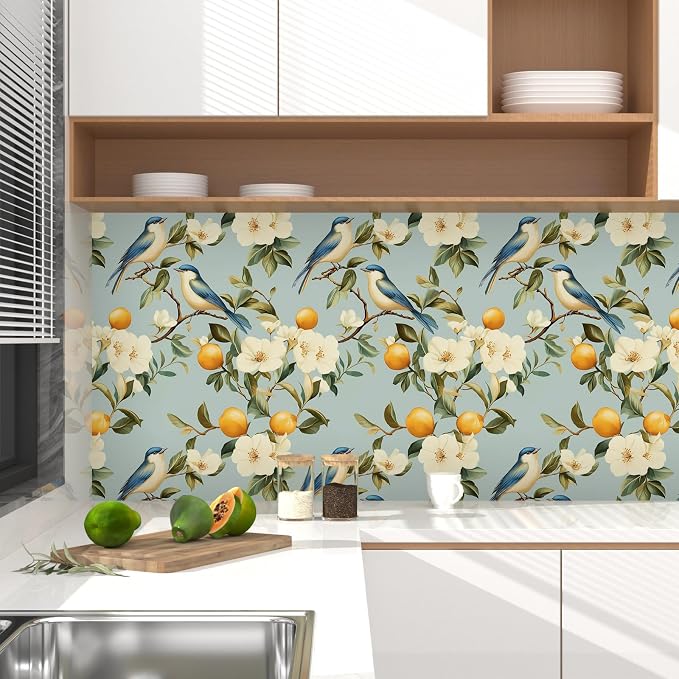 Laatse Birds Wallpaper Peel and Stick, Blue Vintage Floral Fruits Contact Paper 17.5" x 393", Botanical Wall Paper Self Adhesive Removable Waterproof for Bathroom Bedroom Shelf Cabinet Drawer Table
