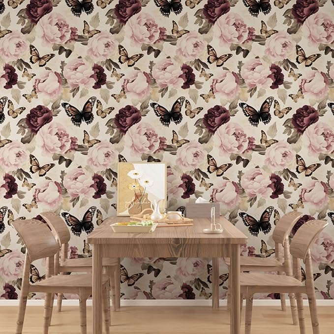 Beige Pink Butterfly Floral Peel and Stick Wallpaper 17.5"x118" | Self Adhesive/Removable/Waterproof/Thick Vinyl Vintage Contact Paper for Bathroom Bedroom Shelf Cabinet Drawer,Prepasted