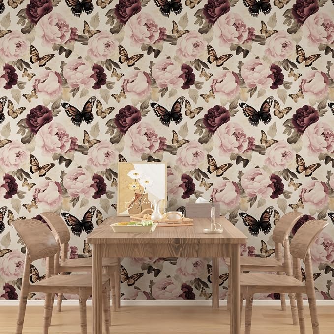 Beige Pink Butterfly Floral Peel and Stick Wallpaper 17.5"x393" | Self Adhesive/Removable/Waterproof/Thick Vinyl Vintage Contact Paper for Bathroom Bedroom Shelf Cabinet Drawer,Prepasted
