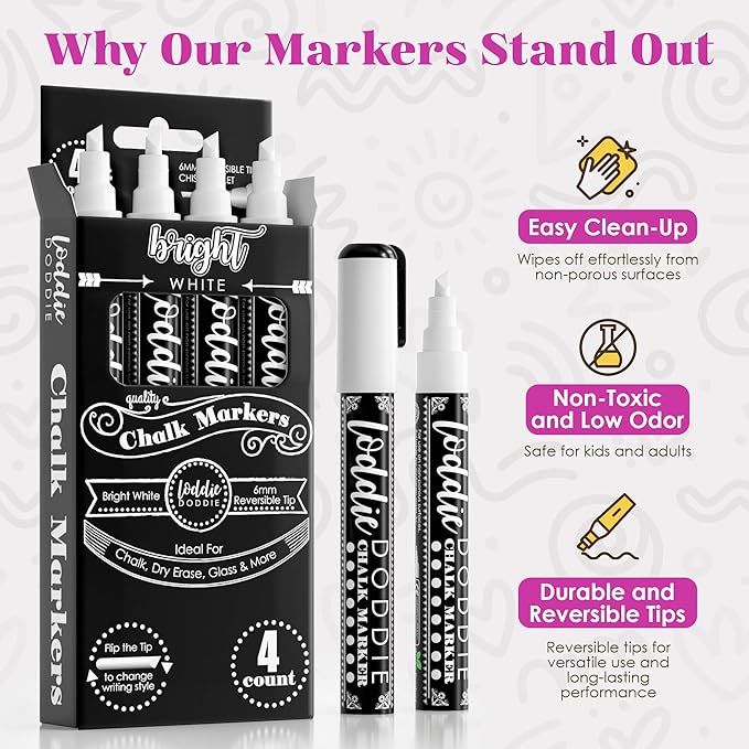 Loddie Doddie Liquid Chalk Markers - Pack of 4, 6 mm Tip, White - Chalk Pens for Blackboard & Glass Surfaces - Erasable Window & Mirror Markers