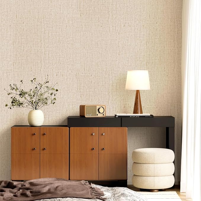 Beige Grasscloth Peel and Stick Wallpaper Textured 15.7in x 157.4in | Faux Linen Wallpaper Peel and Stick Vintage Grasscloth Contact Paper Self Adhesive Removable Contact Paper for Bedroom Vinyl