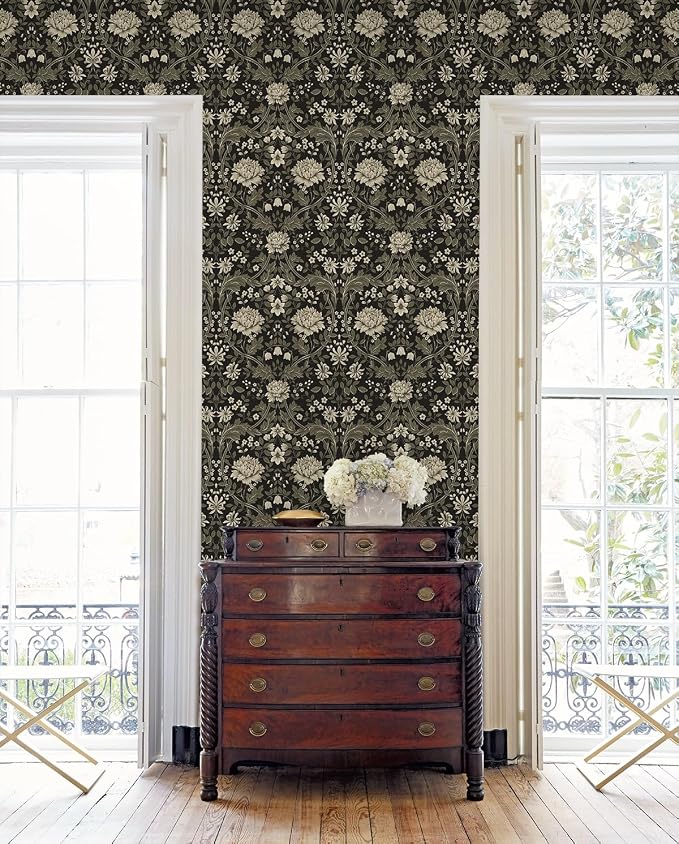 NextWall Honeysuckle Trail Floral Vintage Peel and Stick Wallpaper (Ebony & Pavestone)