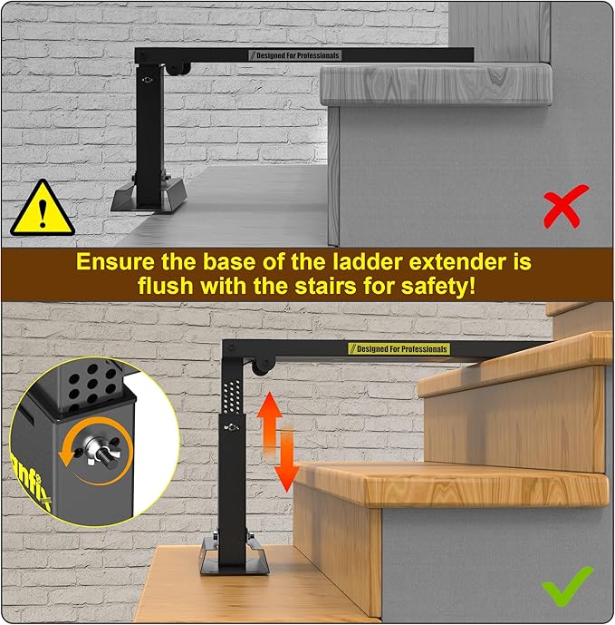Foldable | Heavy-Duty Ladder Extender Pro, High Strength Steel Material Design Ladder Extension Pro for Stairs w/Non-Slip Mat, 11.4-18" Adjustable Height, Applicable Ladder Feet Spacing 25"