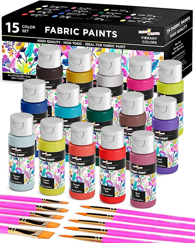 CHALKY CROWN Permanent Fabric Paint for Clothes, 15 Colors for Canvas, Textile, Fabric Paint Set - Child Safe Paint for Fabric with 10 Brushes & Storage Box (60ml each)