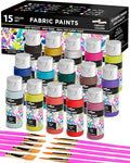 CHALKY CROWN Permanent Fabric Paint for Clothes, 15 Colors for Canvas, Textile, Fabric Paint Set - Child Safe Paint for Fabric with 10 Brushes & Storage Box (60ml each)