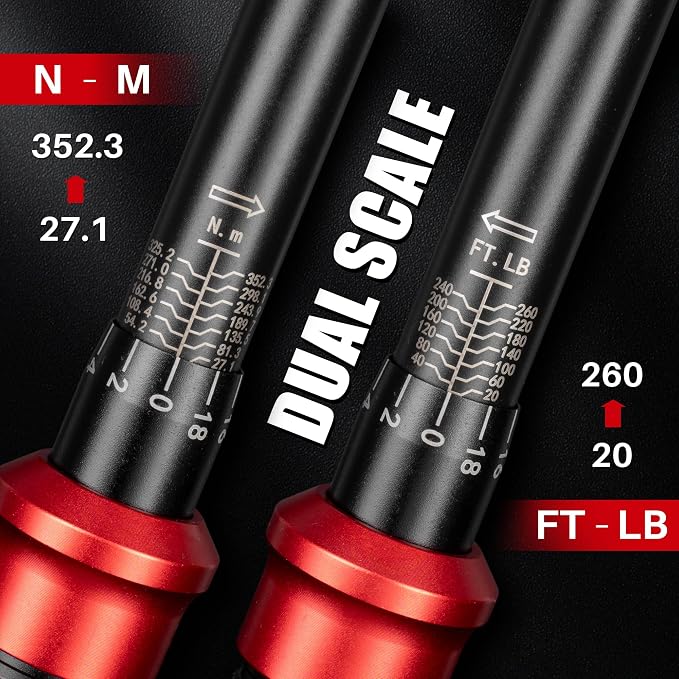 1/2-Inch Drive Click Torque Wrench-20-260 Ft-Lb for Motorcycle Car | Dual-Direction Adjustable 72 Tooth Torque Wrench(27-352.3Nm), Dual Range Scales,High 3% Precision for Truck Wheel Repair DIY