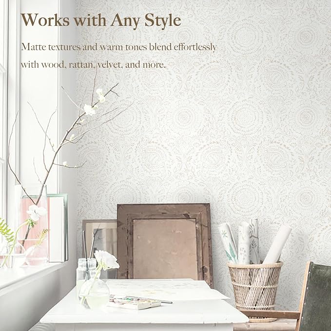 Heroad Boho Peel and Stick Wallpaper Modern Floral Wall Paper Neutral Beige Contact Paper Self Adhesive Removable Renter Friendly Wallpaper for Bedroom and Living Room Shelf Liner Vinyl 17.3'' x 385''