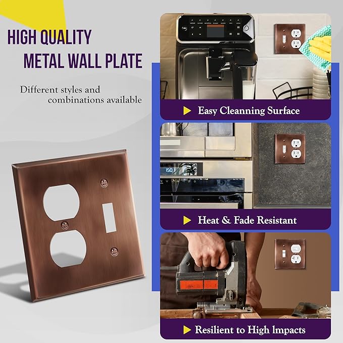 ENERLITES Combination Toggle Switch and Duplex Receptacle Metal Wall Plate, Stainless Steel 201 Outlet Cover, Corrosion-Resistant, Standard Size 2-Gang 4.50" x 4.57", 771121-AC, Antique Copper