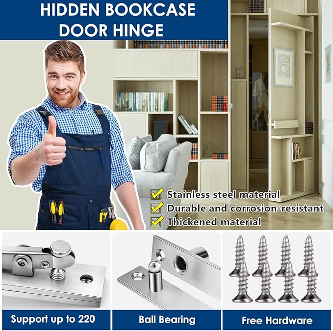 2 Pack | Heavy Duty Pivot Hinge for Wood Door - HBL' Stainless Steel Hidden Door Hinge for Secret Door, with 360 Degree Rotation, Invisible Pivot Door Hardware for Bookshelf.