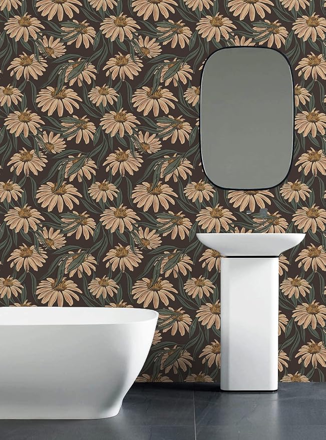 HAOKHOME Vintage Peel and Stick Wallpaper Floral Brown/PeachPuff/Green Daisy Wall Decor Home Bathroom Boho Decor 17.3in x 9.8ft