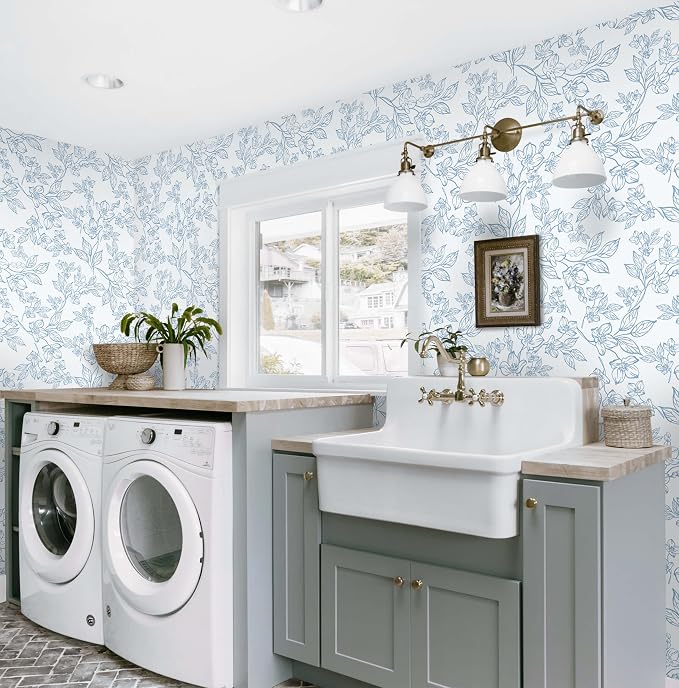 Ismoon Vintage Floral Peel and Stick Wallpaper White and Blue Wallpapaer Contact Paper Thicken Removable Textured Self Adhesive Wall Paper for Bedroom 17.3x393in