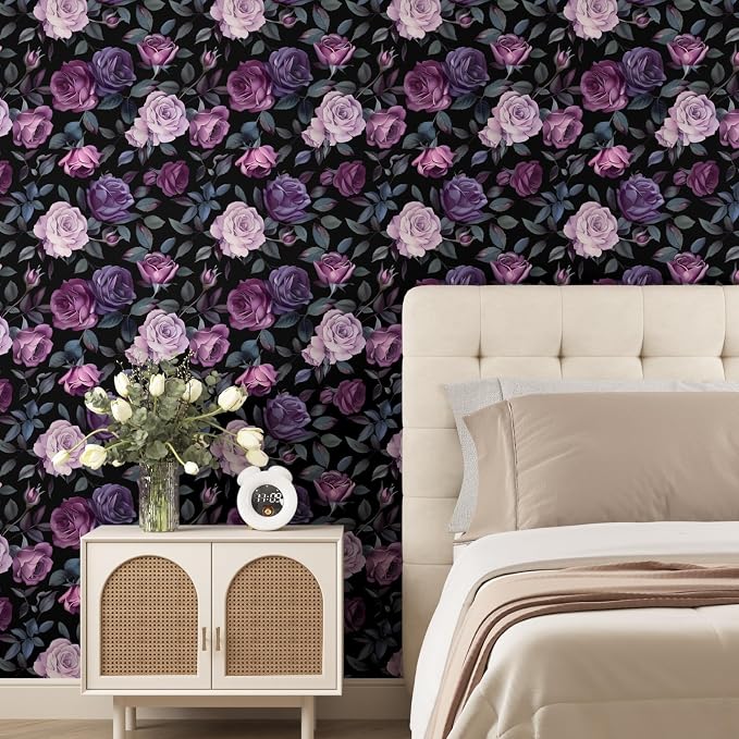 Vintage Dark Purple Rose Floral Peel and Stick Wallpaper 17.5"x118" | Self Adhesive/Removable/Waterproof/Thick Vinyl Contact Paper for Bathroom Bedroom Shelf Cabinet Drawer,Prepasted,Easy Peel