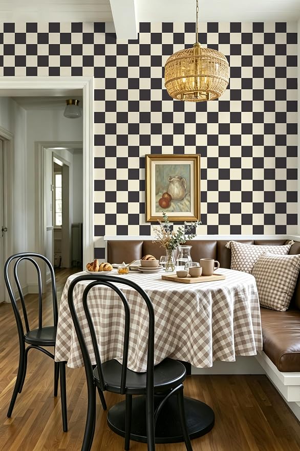 Yasinet Checkered Wallpaper Black and White Cream Peel and Stick Wallpaper Plaid Retro Contact Paper Bedroom Removable Self Adhesive Wall Paper Waterproof Bathroom Vinyl 17.3" × 78.7“
