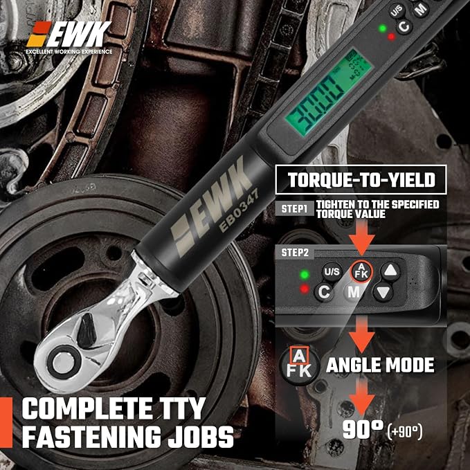 1/4" Drive Digital Angle Torque Wrench 1.1-22.1 ft-lbs (1.5-30 Nm) | ±1.5% clockwise / ±2.5% counterclockwise and angle accuracy of ±2%, LCD Display, LED Buzzer Vibration Alert, 30 Memory Values