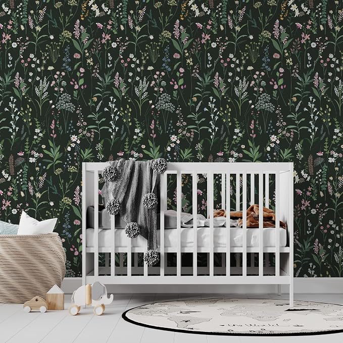 JiffDiff Floral Wallpaper Peel and Stick Farm Floral 472" x 17.3" Wildwood Wall Paper Dark Stick on Wallpaper Self Adhesive Contact Paper Coverage 56 sq.ft