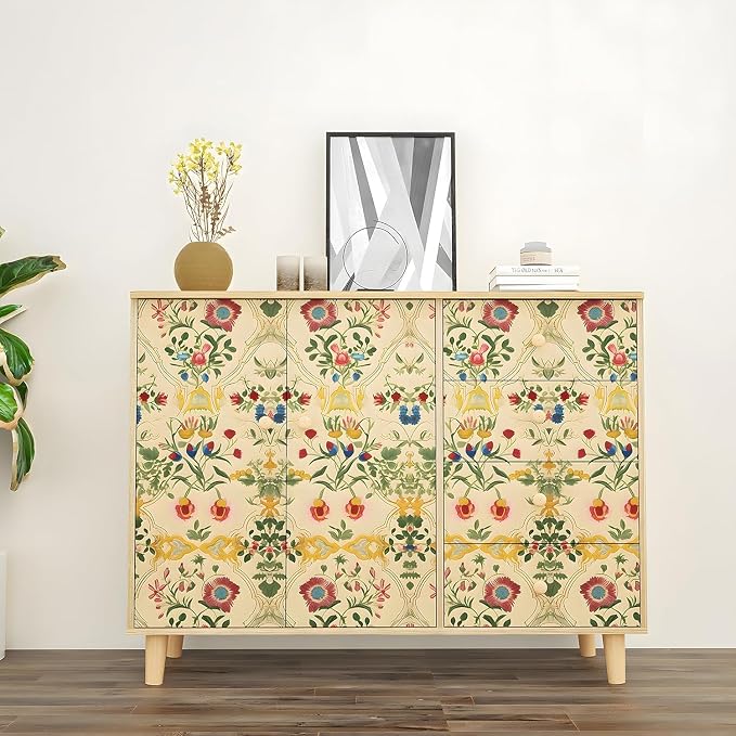ILHIIOR Yellow Floral Peel and Stick Wallpaper - Boho Vintage Leaf Pattern - Removable Self Adhesive for Cabinet Drawers - 17.5''x393''
