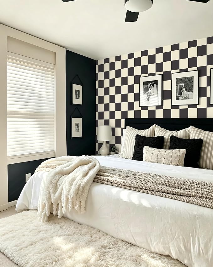 Yasinet Checkered Wallpaper Black and White Cream Peel and Stick Wallpaper Plaid Retro Contact Paper Bedroom Removable Self Adhesive Wall Paper Waterproof Bathroom Vinyl 17.3" × 393.7“