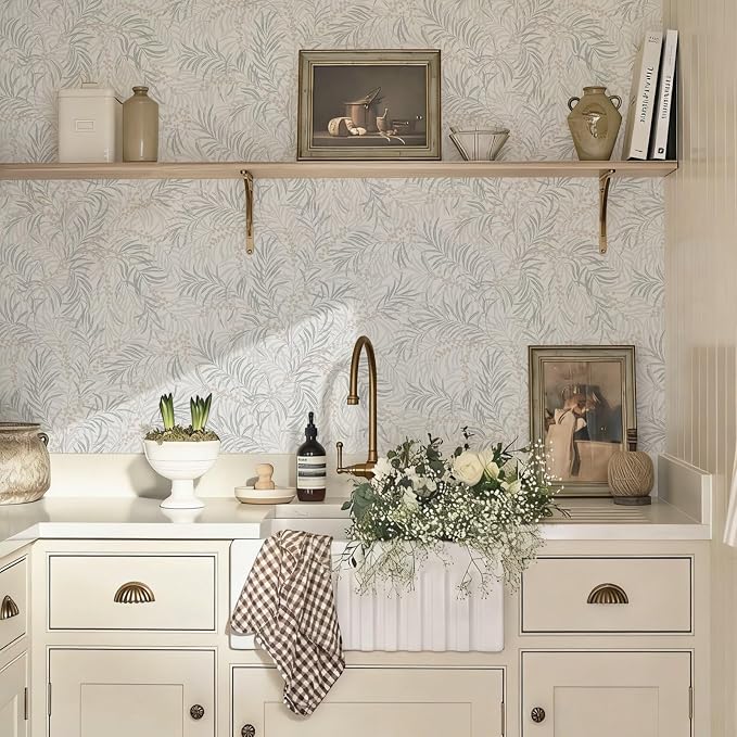 Ismoon Boho Wallpaper Peel and Stick Dusty Green Botanical Wallpaper 17.3in x6.56ft Neutral Leaf Removable Waterproof Green Contact Paper for Bedroom Kitchen Renter Friendly Wall Decor Vinyl