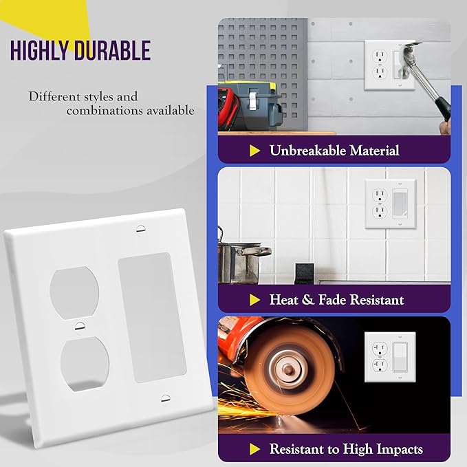 ENERLITES Combination Duplex Receptacle Outlet/Decorator Rocker Light Switch Wall Plate Cover, Standard Size 2-Gang 4.50" x 4.57", Polycarbonate Thermoplastic, UL Listed, 882131-W, White, 4 Pack