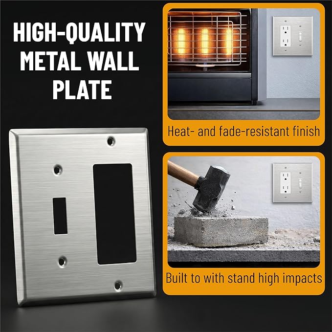 Bates- Combination Wall Plate, Toggle Switch/Decorator, Stainless Steel, Silver, 4.50"x4.57"/Standard Size, 2 Gang Wall Plate