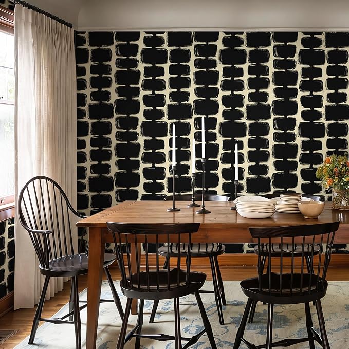 Safiyya Peel and Stick Wallpaper Black and Cream White Contact Paper Mid Century Modern Abstract Geometric Wall Paper Self Adhesive Removable Wallpaper for Bathroom and Bedroom Vinyl 17.3"x78.7"