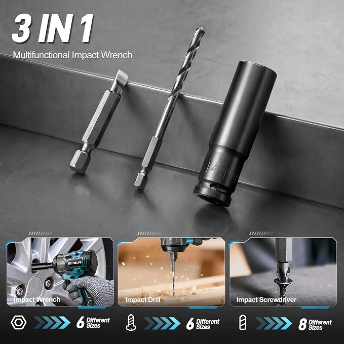 GEVEELIFE Impact Wrench 480Ft-lbs(650N.m) Brushless, 1/2 Impact Gun with 2x4.0Ah Battery, Cordless Impact Wrench, 6 Sockets, 8 Drill Bits, 3300RPM Power Electric Impact Driver for Car/DIY Furniture