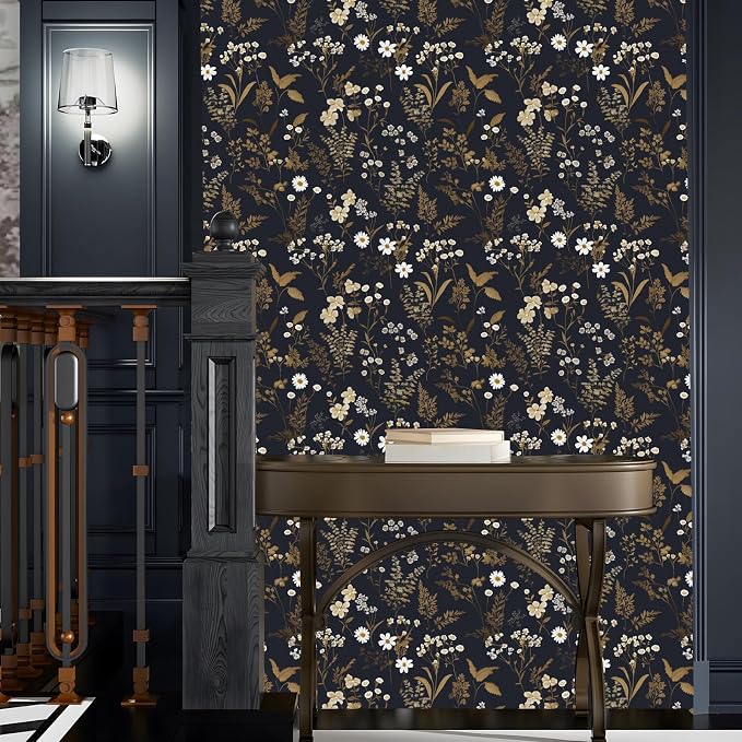 Floral Leaf Vintage Wallpaper Peel and Stick 17.5" x 118", Dark Gold | Self Adhesive/Removable/Waterproof/Thick Vinyl Contact Paper for Bathroom Bedroom Shelf Cabinet Drawer,Prepasted,Easy Peel