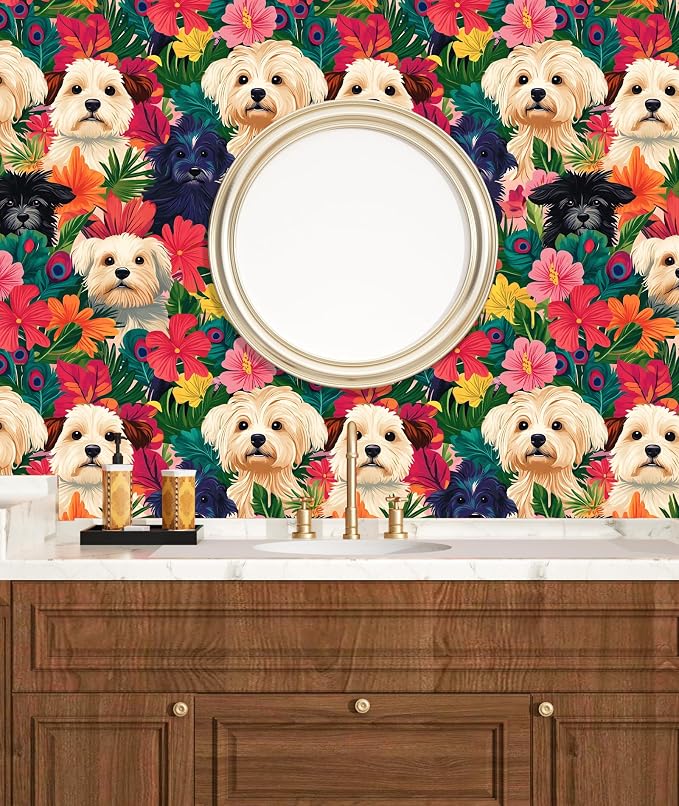 BOKEBEVE Dogs Floral Wallpaper Peel and Stick Boho Colorful 17.5 x 393.5In | Extra Long Removable Renter Friendly Vintage Floral Wall Paper for Bedroom Bathroom Cabinet Drawer Feature Accent Wall