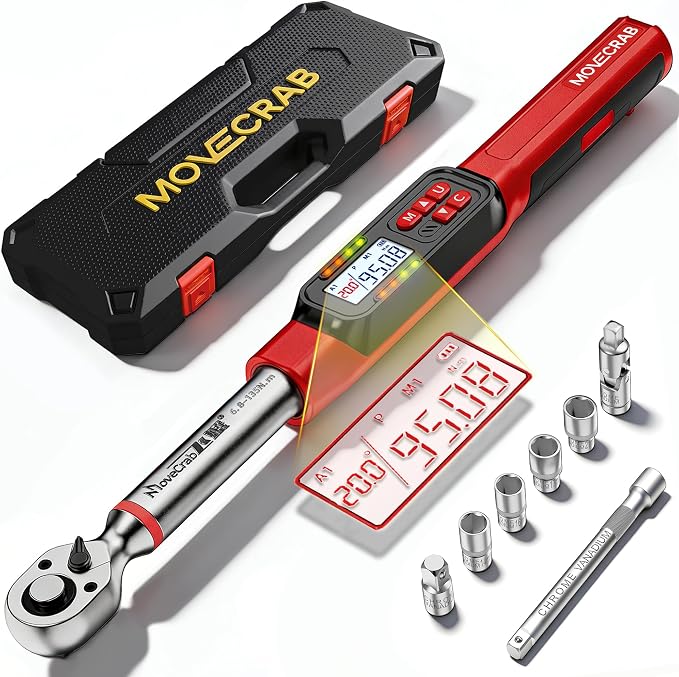 3/8" Digital Angle Torque Wrench, 5-99.6 Ft.lb, ±2% Accuracy, 8pcs | Electronic Torque Wrench with 0.1° Angle Mode, LED Display, Buzzer Alerts for Automotive, Motorcycle & Engine Repair