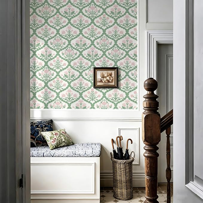 Pink Floral Peel and Stick Wallpaper Vintage Wall Paper Boho Pink Floral Damask Wallpaper for Bedroom Decorative Self Adhesive Shelf Drawer Liner 17.3" x 78.7"