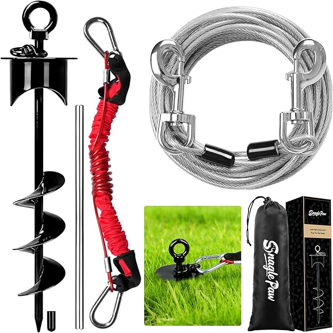 Snagle Paw Dog Tie Out Cable and Stake with Lock-Cap,Heavy Duty 20FT Dog Yard Leash & Stake with Shock Absorbing Bungee Tether,Rust Proof Ground Anchor for Yard, Beach, Camping & Outdoor,up to 360 Lbs