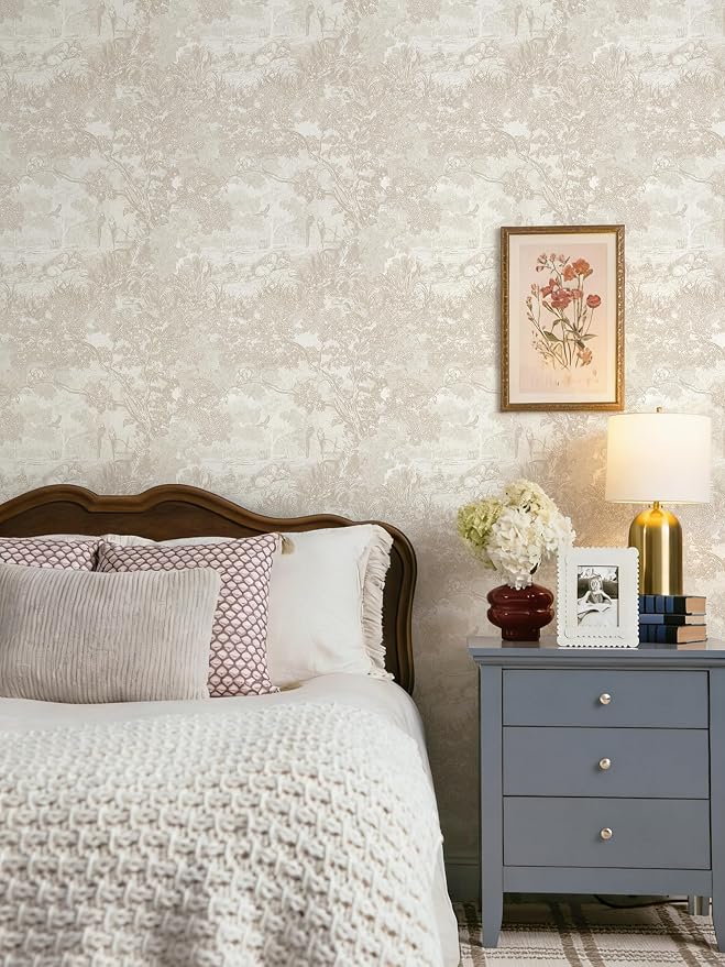Heroad Peel and Stick Wallpaper Oatmeal Cream Vintage Forest Animals Floral Wallpaper Removable Self-Adhesive Contact Paper for Bedroom Living Room Cabinets Decoration Thicken Vinyl 17.3”x197”